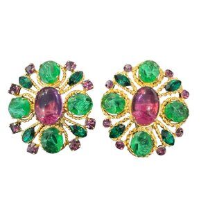 Vintage Bozart Earrings Mid Century Green Purple  Cabochons GP Oversized Italy